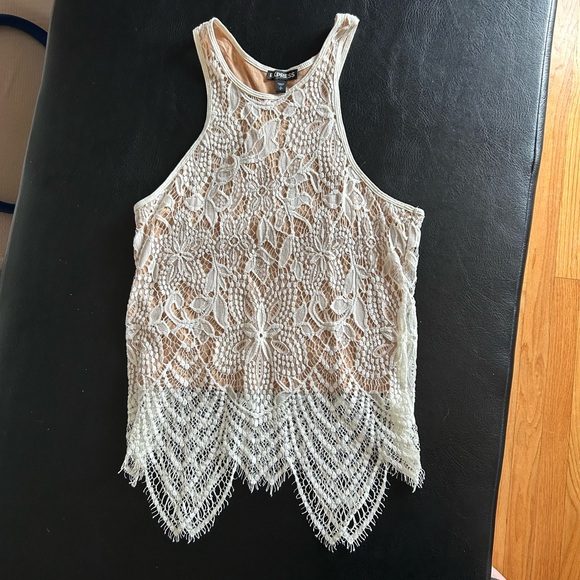 Express Tops - Express Cream Lace Asymmetrical Tank Top